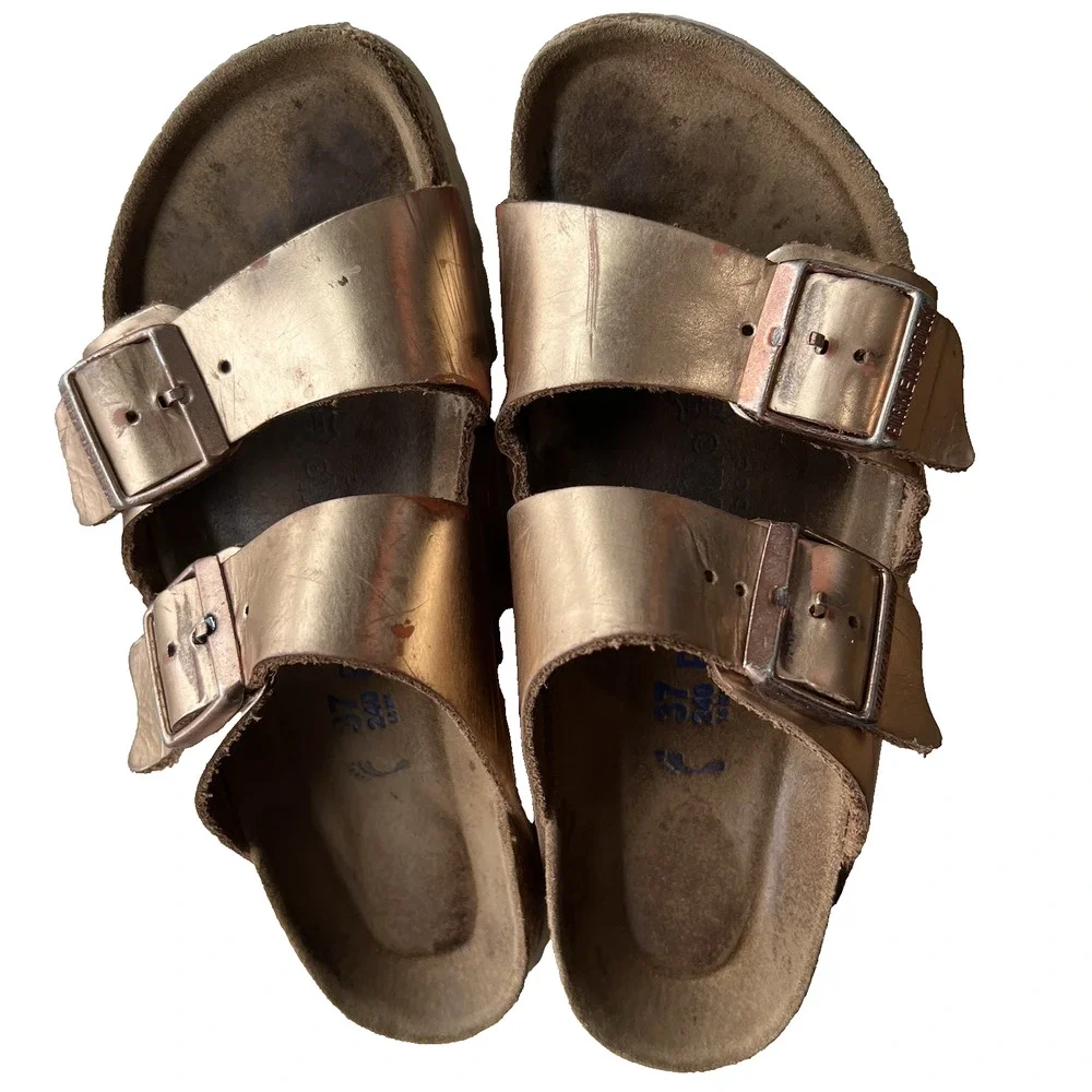 Birkenstock Rose Gold Metallic Arizona soft Footbed Sandal Womens Comfort Sz-37
